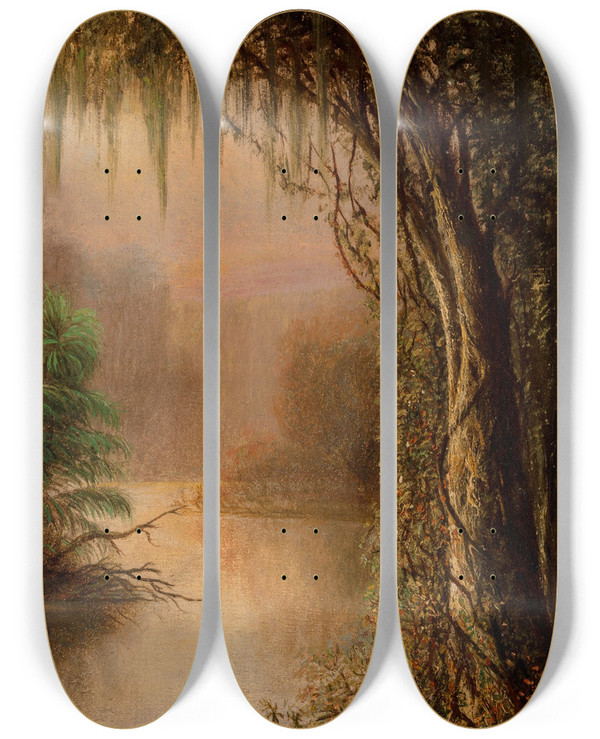 Triptych art skateboard deck of Joseph Rusling Meeker Bayou by Joseph Rusling Meeker (1827-1889)