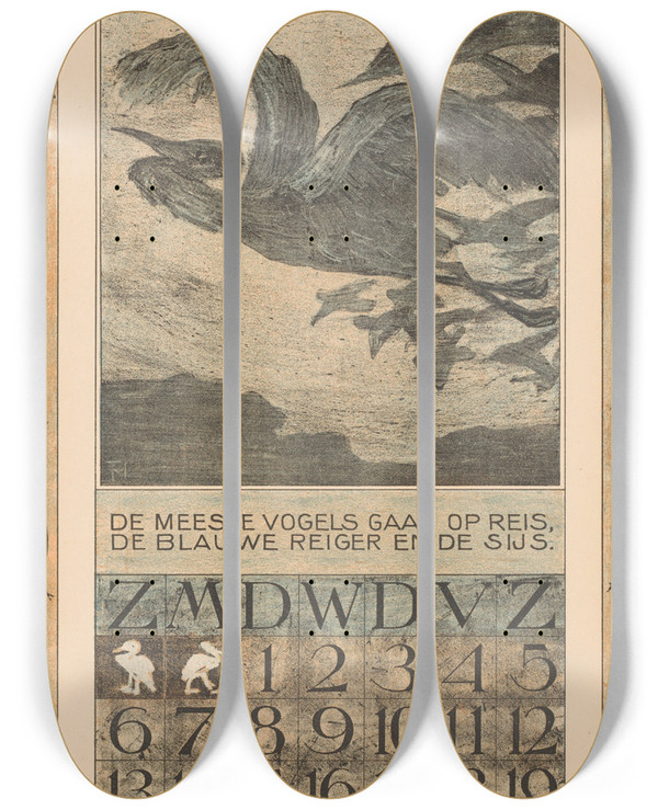 Triptych art skateboard deck of Theo Van Hoytema Kalenderblad Oktober Met Vliegende Reigers by Theo Van Hoytema (1863-1917)