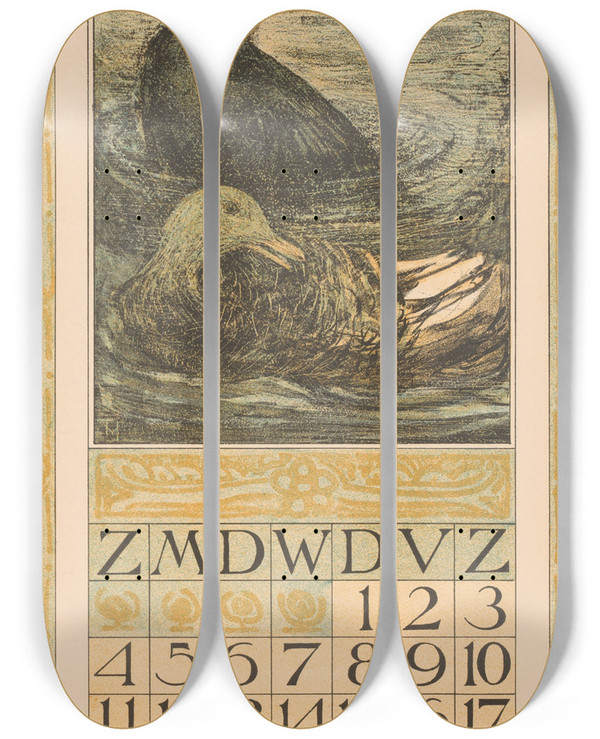Triptych art skateboard deck of Theo Van Hoytema Kalenderblad April Met Twee Zwemmende Eenden by Theo Van Hoytema (1863-1917)