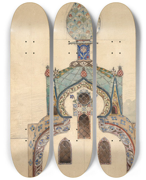 Triptych art skateboard deck of Victor Mikhailovich Vasnetsov Chapel On The Grave Of Andrey Mamontov 18691891 In Abramtsevo by Victor Mikhailovich Vasnetsov (1848-1926)