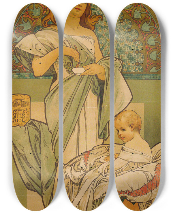 Triptych art skateboard deck of Alphonse Mucha Nestls Food by Alphonse Mucha (1860-1939)