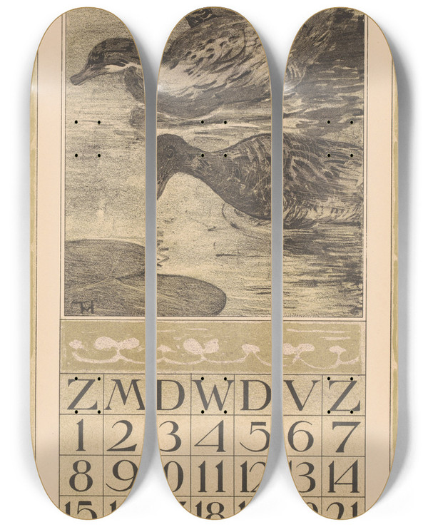 Triptych art skateboard deck of Theo Van Hoytema Kalenderblad Augustus Met Drie Zwemmende Eenden by Theo Van Hoytema (1863-1917)