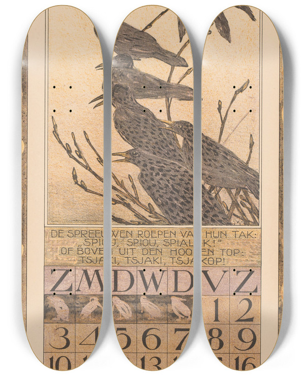 Triptych art skateboard deck of Theo Van Hoytema Kalenderblad Februari Met Spreeuwen by Theo Van Hoytema (1863-1917)