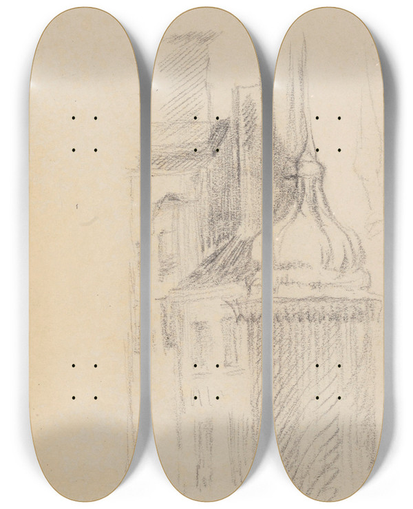 Triptych art skateboard deck of James Ensor Houses And Pear Shaped Turret by James Ensor (1860-1949)