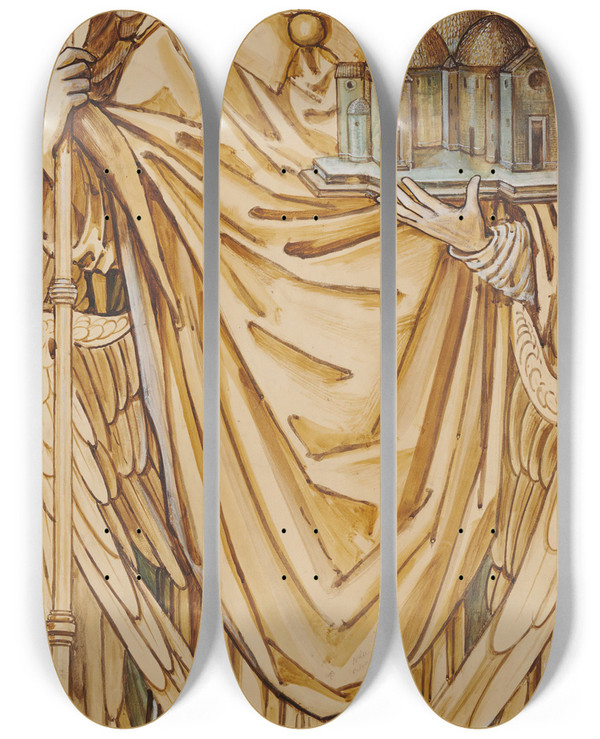Triptych art skateboard deck of Sir Edward Coley Burnejones The Angels Of The Hierarchy Potentates by Sir Edward Coley Burne-Jones (1833-1898)