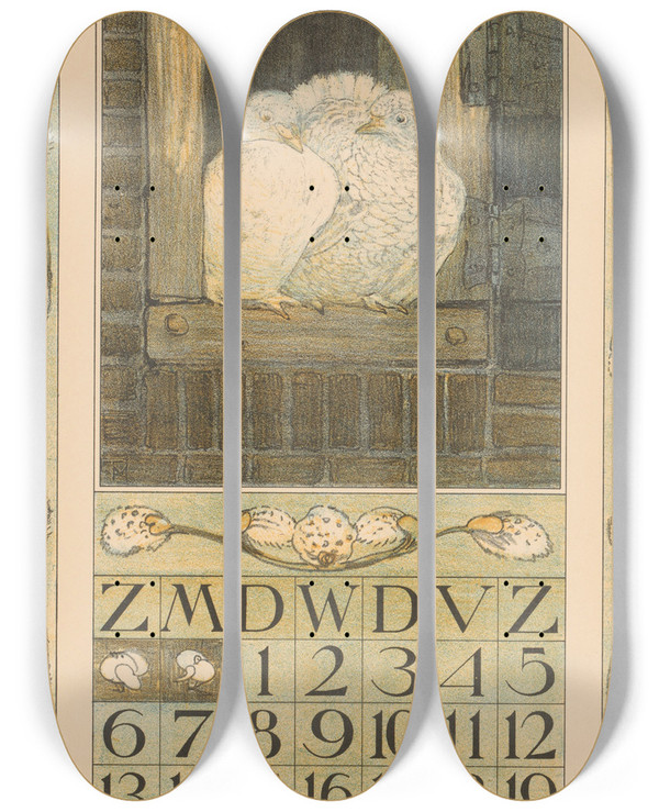 Triptych art skateboard deck of Theo Van Hoytema Kalenderblad Maart Met Twee Witte Duiven by Theo Van Hoytema (1863-1917)