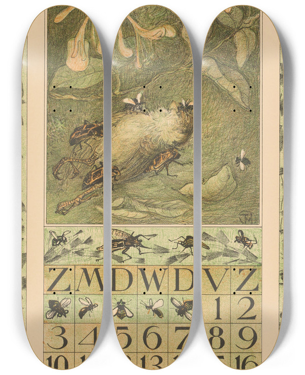 Triptych art skateboard deck of Theo Van Hoytema Kalenderblad September Met Dode Mus En Kevers by Theo Van Hoytema (1863-1917)