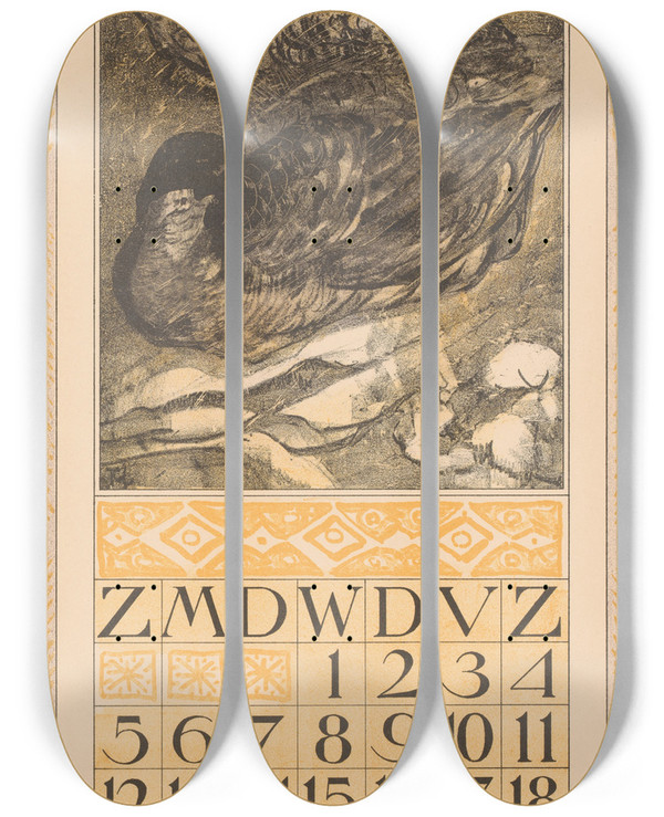 Triptych art skateboard deck of Theo Van Hoytema Kalenderblad December Met Twee Slapende Eenden by Theo Van Hoytema (1863-1917)