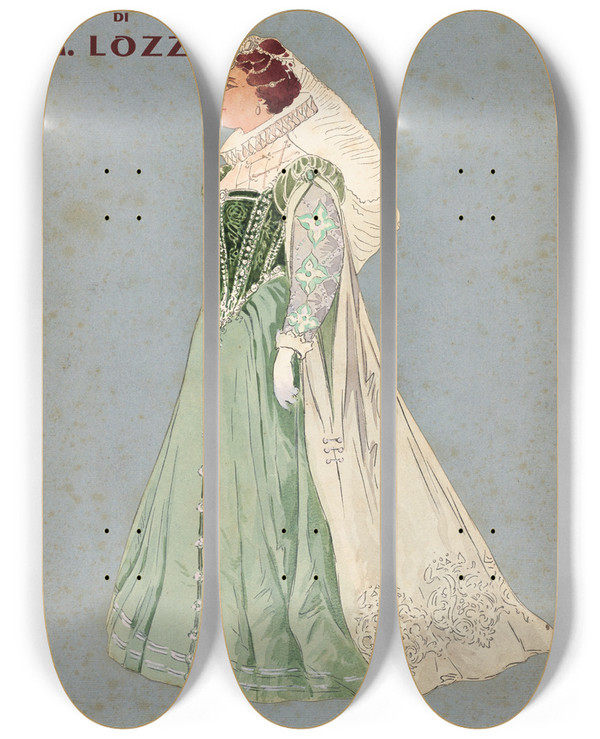 Triptych art skateboard deck of Pipein Gamba Dama Corista_1 by Pipein Gamba (1868-1954)