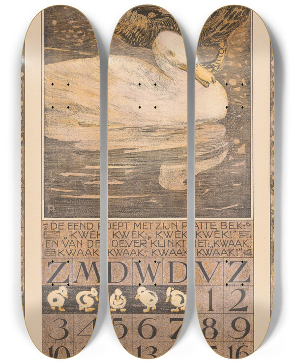 Triptych art skateboard deck of Theo Van Hoytema Kalenderblad Maart Met Eenden by Theo Van Hoytema (1863-1917)