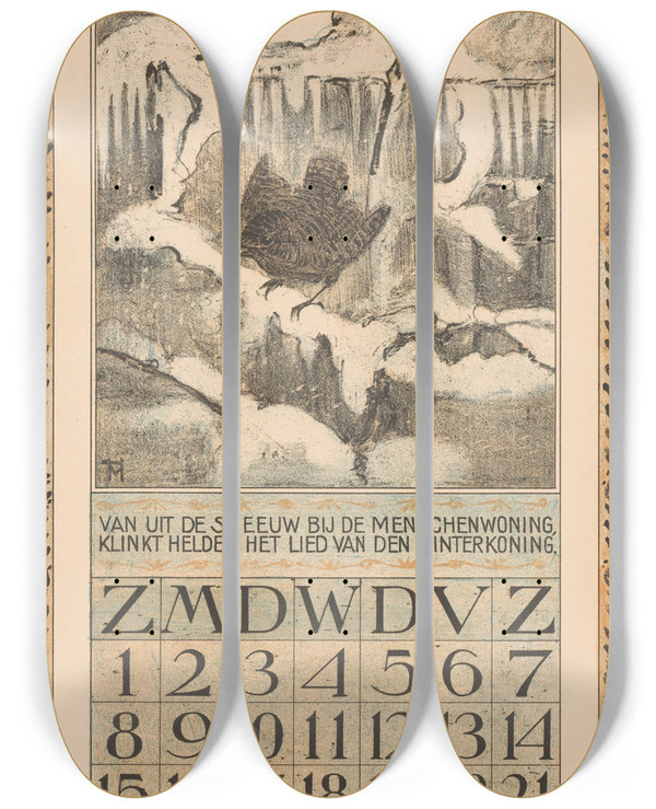 Triptych art skateboard deck of Theo Van Hoytema Kalenderblad December Met Winterkoninkje_1 by Theo Van Hoytema (1863-1917)