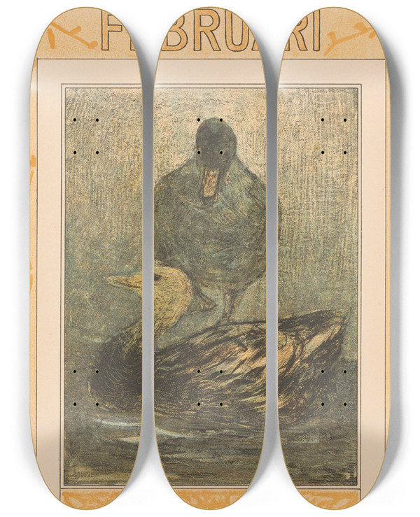 Triptych art skateboard deck of Theo Van Hoytema Kalenderblad Februari Met Staande En Zwemmende Eend by Theo Van Hoytema (1863-1917)
