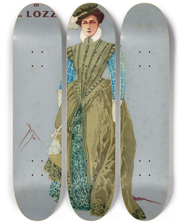 Triptych art skateboard deck of Pipein Gamba Dama Della Caccia Corista by Pipein Gamba (1868-1954)