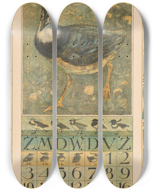 Triptych art skateboard deck of Theo Van Hoytema Kalenderblad Mei Met Kievit by Theo Van Hoytema (1863-1917)