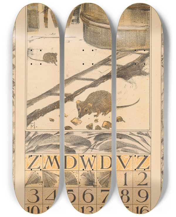 Triptych art skateboard deck of Theo Van Hoytema Kalenderblad December Met Muizen In De Sneeuw by Theo Van Hoytema (1863-1917)