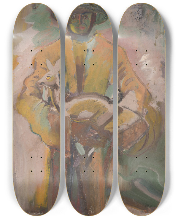 Triptych art skateboard deck of Arnold Peter Weiszkubnan Man Carrying A Deer by Arnold Peter Weisz-Kubnan (1898-1944)