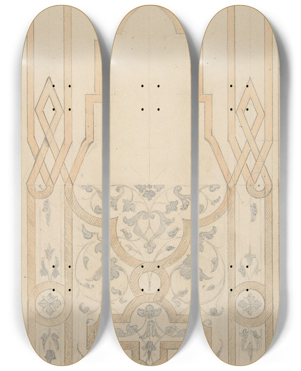 Triptych art skateboard deck of Julesedmondcharles Lachaise Design For A Panel Ornamented With Strapwork And Rinceaux by Jules-Edmond-Charles Lachaise (1897)