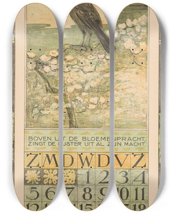 Triptych art skateboard deck of Theo Van Hoytema Kalenderblad Mei Met Merel by Theo Van Hoytema (1863-1917)