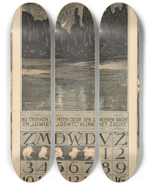 Triptych art skateboard deck of Theo Van Hoytema Kalenderblad Voor November 1907 Met Trekvogels In Een Nachtlandschap by Theo Van Hoytema (1863-1917)