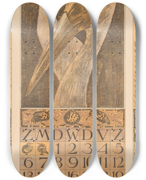 Triptych art skateboard deck of Theo Van Hoytema Kalenderblad September Met Twee Vogels by Theo Van Hoytema (1863-1917)