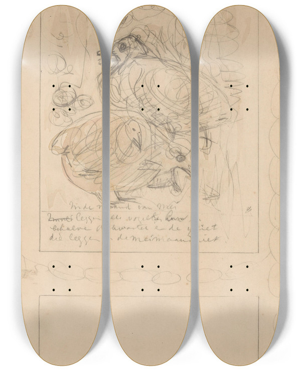 Triptych art skateboard deck of Theo Van Hoytema Schets Voor Een Nietgebruikt Ontwerp Voor Het Blad Mei In De Kalender 1907 by Theo Van Hoytema (1863-1917)