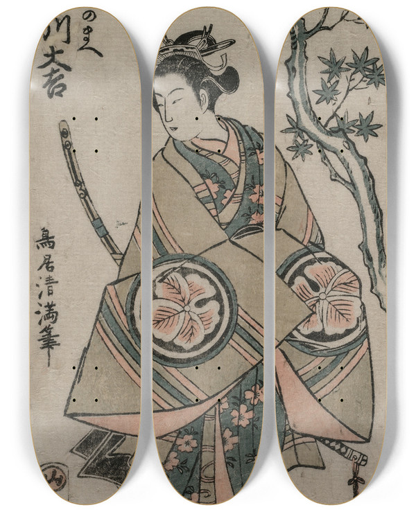 Triptych art skateboard deck of Torii Kiyomitsu Anekawa Daisuke As Ayamenomae by Torii Kiyomitsu (1735-1785)