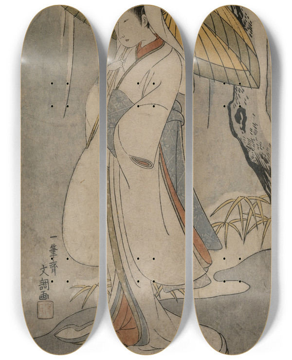 Triptych art skateboard deck of Ippitsusai Bunch Segawa Kikunojo Ii As The Heron Maiden From The Series Ichimura Theater by Buncho Ippitsusai (1765-1792)