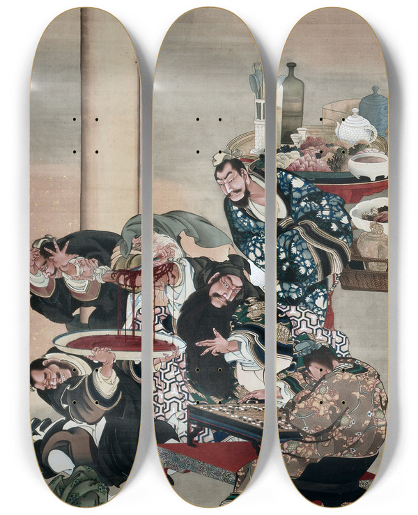 Triptych art skateboard deck of Katsushika I Operating On Guanyus Arm by Katsushika Oi (1800-1866)