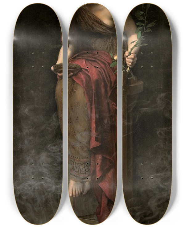 Triptych art skateboard deck of John Collier Priestess Of Delphi by John Collier (1850-1934)
