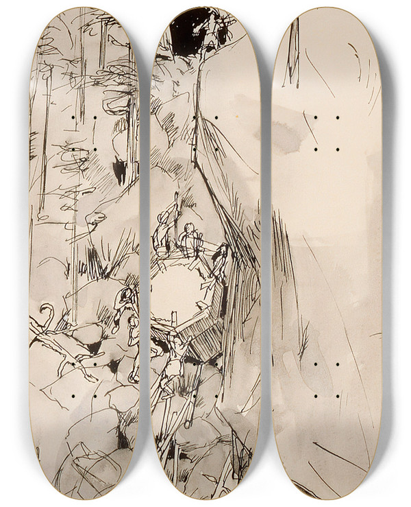 Triptych art skateboard deck of Akseli Gallenkallela Theft Of The Sampo by Akseli Gallen Kallela (1865-1931)