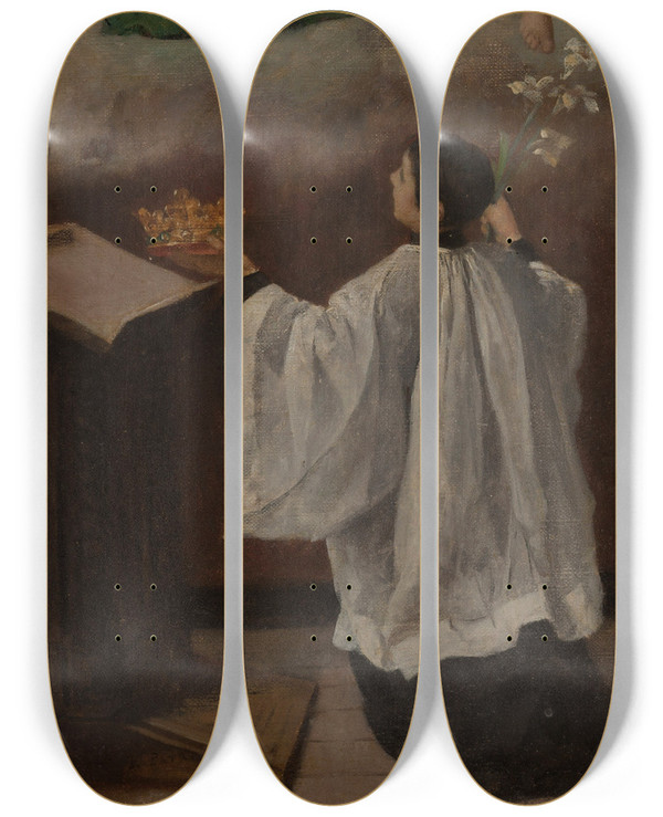 Triptych art skateboard deck of Isidore Patrois Saint Louis De Gonzague En Contemplation Devant Les Vertus De Jsus Ou La Vision De Saint Louis De Gonzague by Isidore Patrois (1815-1884)