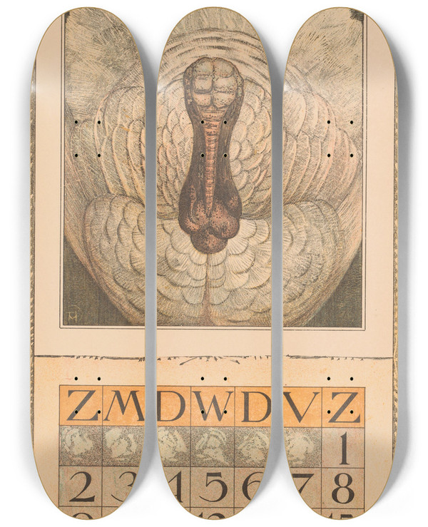 Triptych art skateboard deck of Theo Van Hoytema Kalenderblad Juli Met Kalkoen by Theo Van Hoytema (1863-1917)