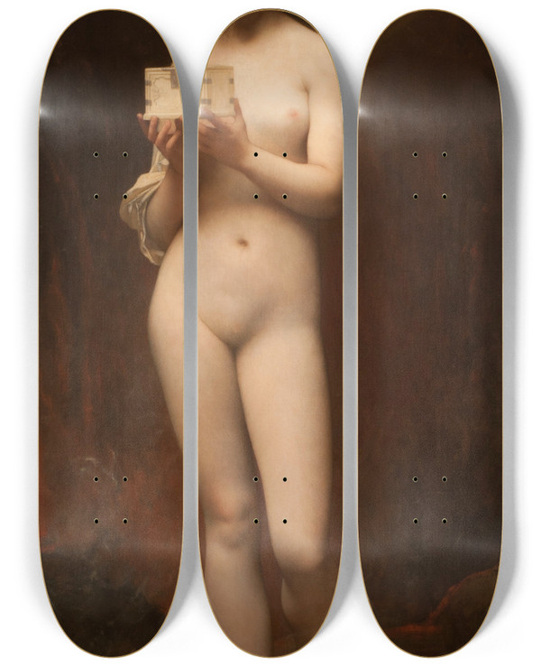 Triptych art skateboard deck of Jules Joseph Lefebvre Pandora by Jules Joseph Lefebvre (1836-1911)