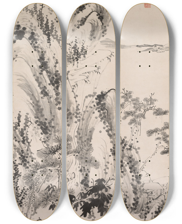 Triptych art skateboard deck of Fujimoto Tesseki Landscape With Figures by Fujimoto Tesseki (1816-1863)