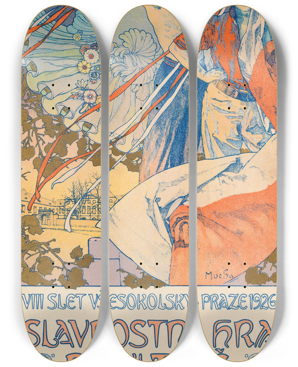 Triptych art skateboard deck of Alphonse Mucha Poster For The Sokol Festival In Prague by Alphonse Mucha (1860-1939)