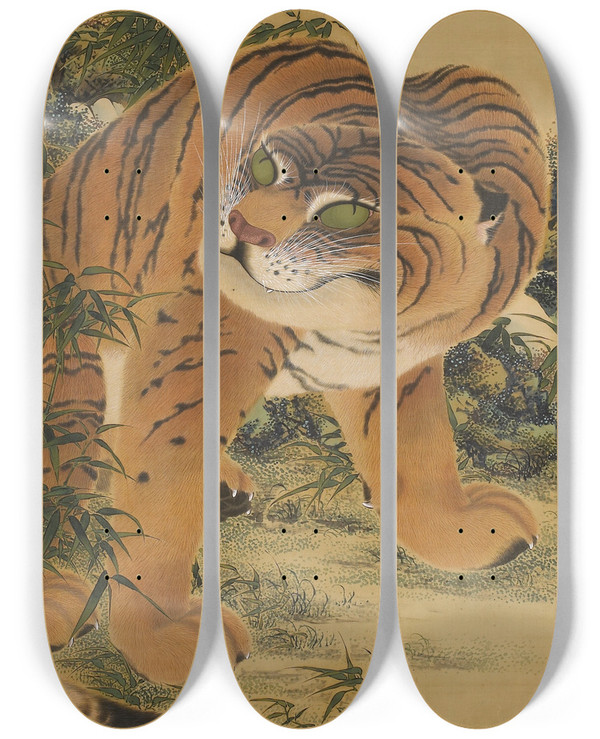 Triptych art skateboard deck of Kishi Ganku Tiger Seated Beneath Rock And Bamboo by Kishi Ganku (1749-1839)