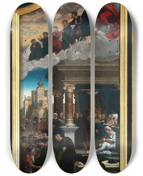Triptych art skateboard deck of Bernard Van Orley Three Acts Of Mercy Clothing The Naked Liberating The Imprisoned And Feeding The Hungry by Bernard Van Orley (1492-1542)
