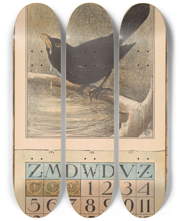 Triptych art skateboard deck of Theo Van Hoytema Kalenderblad Februari Met Merel by Theo Van Hoytema (1863-1917)