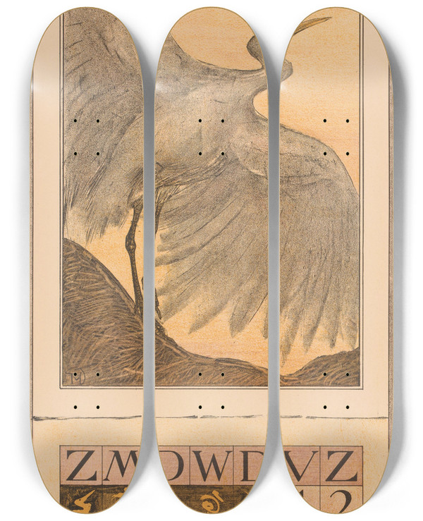 Triptych art skateboard deck of Theo Van Hoytema Kalenderblad September Met Zilverreiger by Theo Van Hoytema (1863-1917)