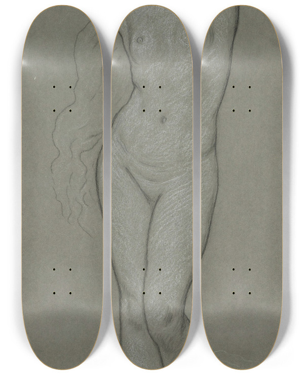 Triptych art skateboard deck of Elihu Vedder Study For Figure Ofvenus by Elihu Vedder (1836-1923)