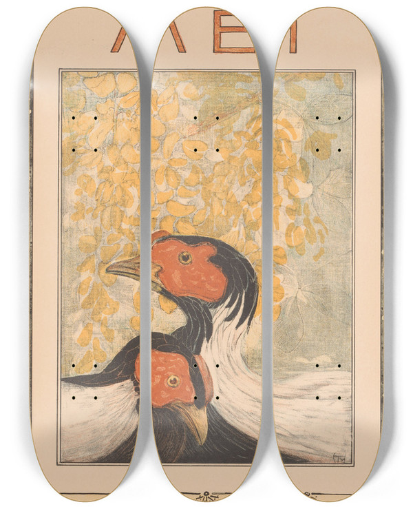 Triptych art skateboard deck of Theo Van Hoytema Kalenderblad Mei Met Zilverfraisanten by Theo Van Hoytema (1863-1917)