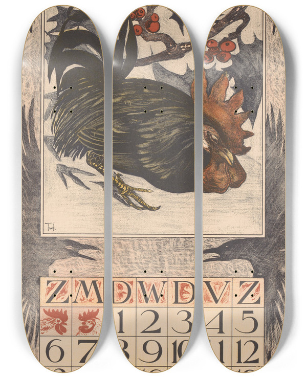 Triptych art skateboard deck of Theo Van Hoytema Kalenderblad December Met Haan by Theo Van Hoytema (1863-1917)