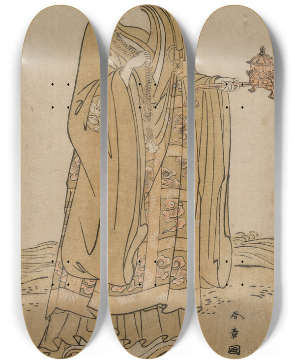 Triptych art skateboard deck of Katsukawa Shunsh Ichimura Uzaemon Ix As A Priest Beside A Stream by Katsukawa Shunsho (1726-1792)