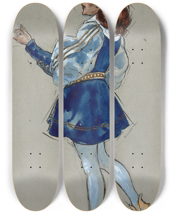 Triptych art skateboard deck of Plinio Codognato A Man Stands Facing Away With Hand Upraised Wearing A Blue Doublet Hose And A Red Hat by Plinio Codognato (1878-1940)