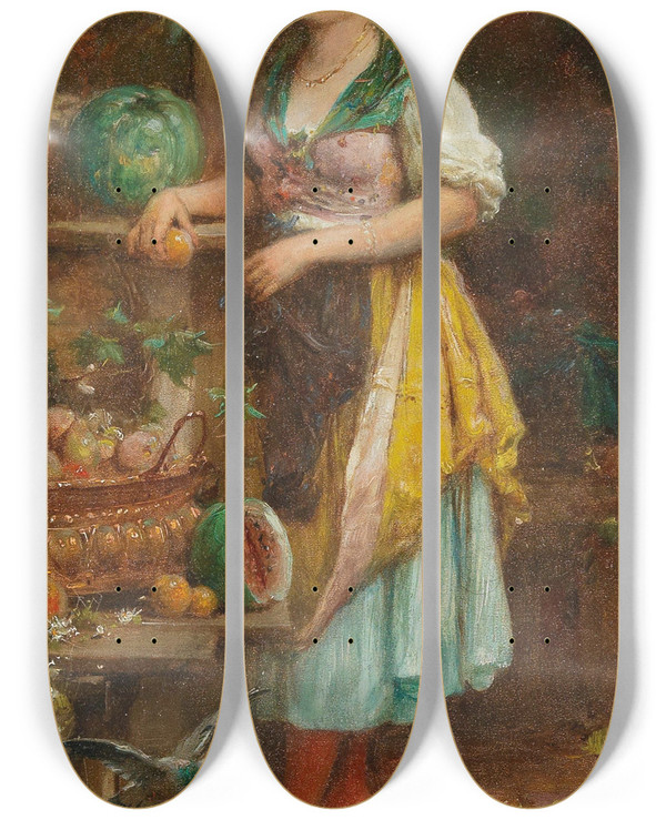 Triptych art skateboard deck of Hans Zatzka Mdchen Mit Reicher Obstschale by Hans Zatzka (1859-1945)