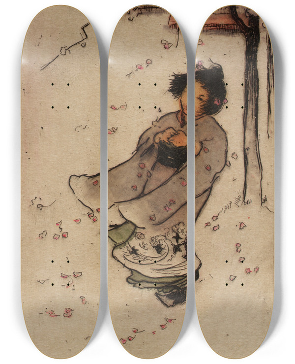 Triptych art skateboard deck of Helen Hyde Cherry Snow by Helen Hyde (1868-1919)