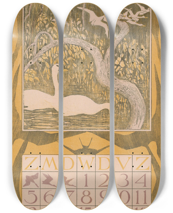 Triptych art skateboard deck of Theo Van Hoytema Kalenderblad Oktober Met Zwanen by Theo Van Hoytema (1863-1917)