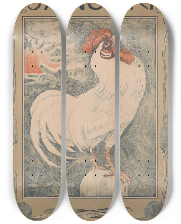 Triptych art skateboard deck of Theo Van Hoytema Kalenderblad Januari Met Witte Haan by Theo Van Hoytema (1863-1917)