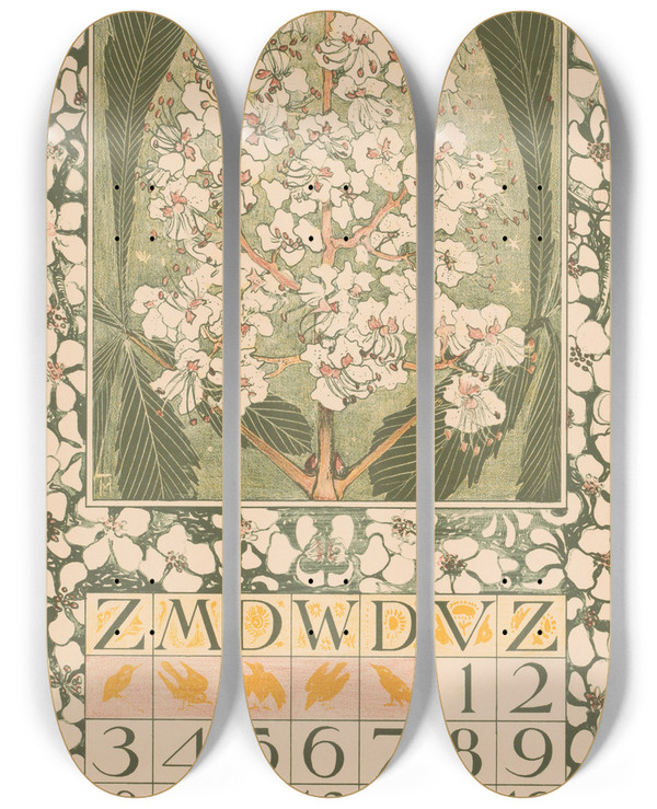 Triptych art skateboard deck of Theo Van Hoytema Kalenderblad Mei Met Kastanjebloesem by Theo Van Hoytema (1863-1917)