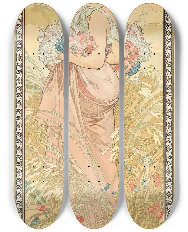 Triptych art skateboard deck of Alphonse Mucha Summer by Alphonse Mucha (1860-1939)